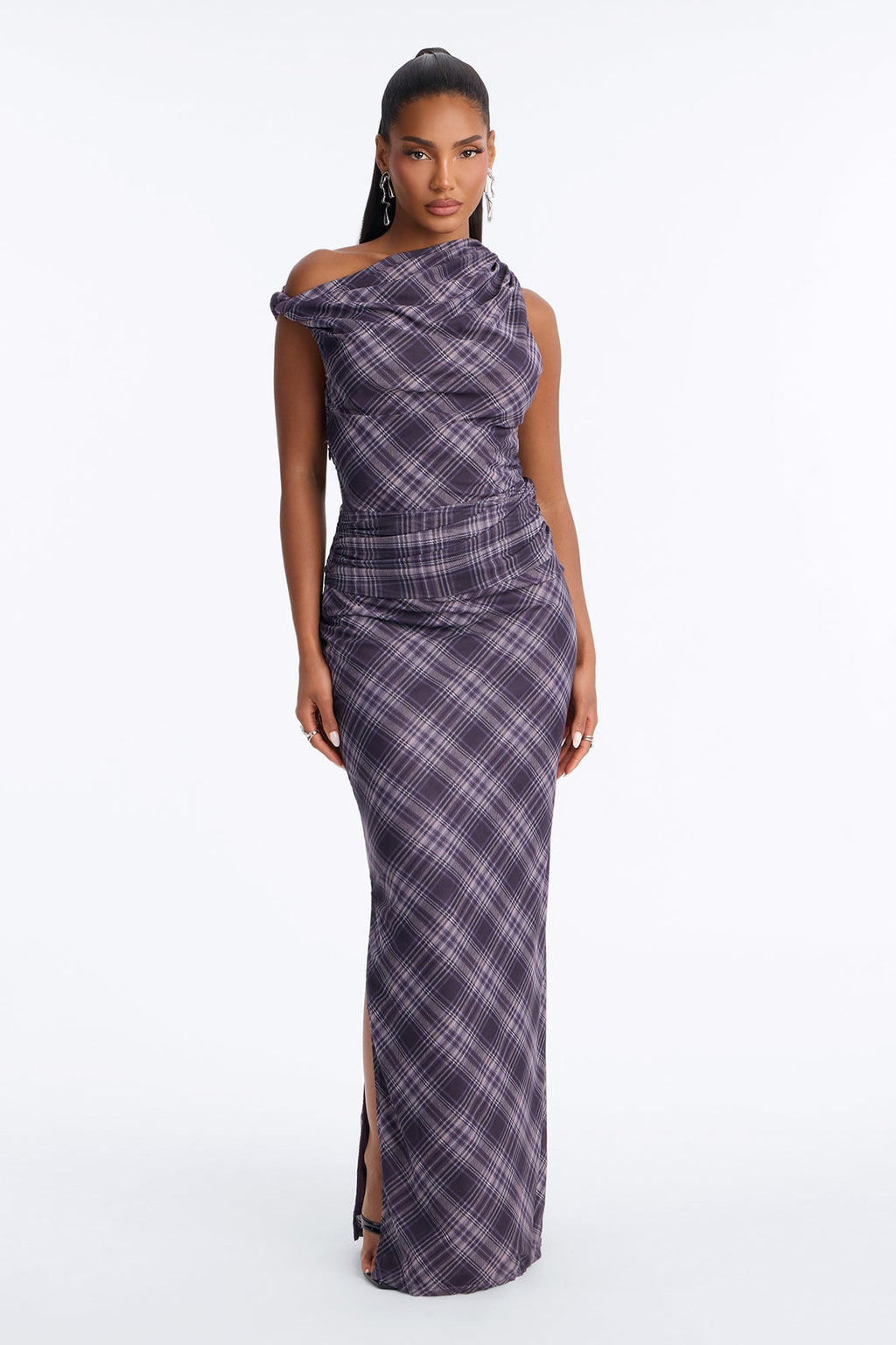 Check Me Out Mesh Plaid Maxi Dress - Purple