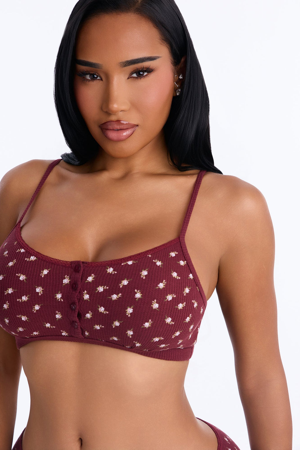 Blush Bloom Floral Waffle Knit 2 Piece Bralette Set - Wine/combo