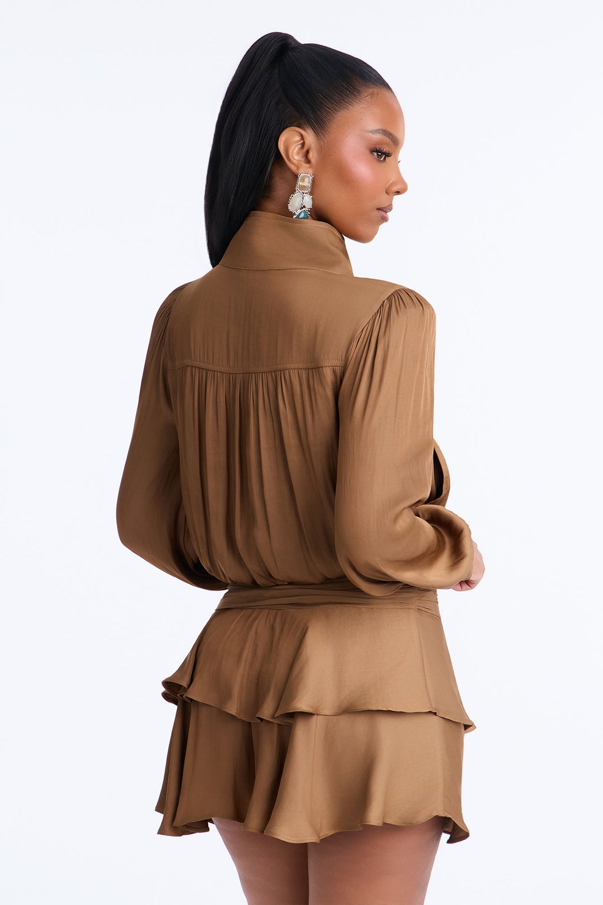 Emmy Ruffle Satin Mini Dress - Mocha