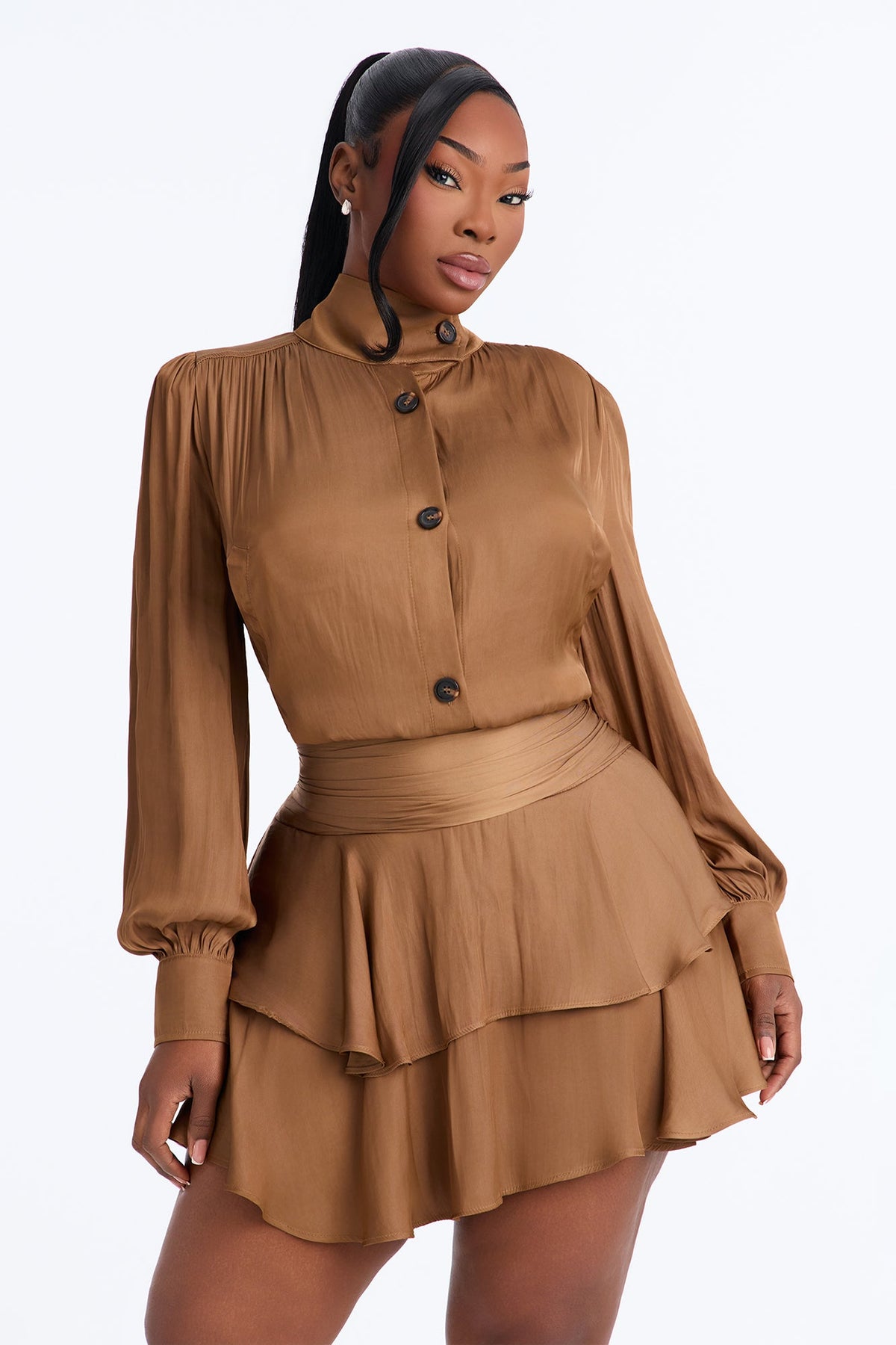 Emmy Ruffle Satin Mini Dress - Mocha