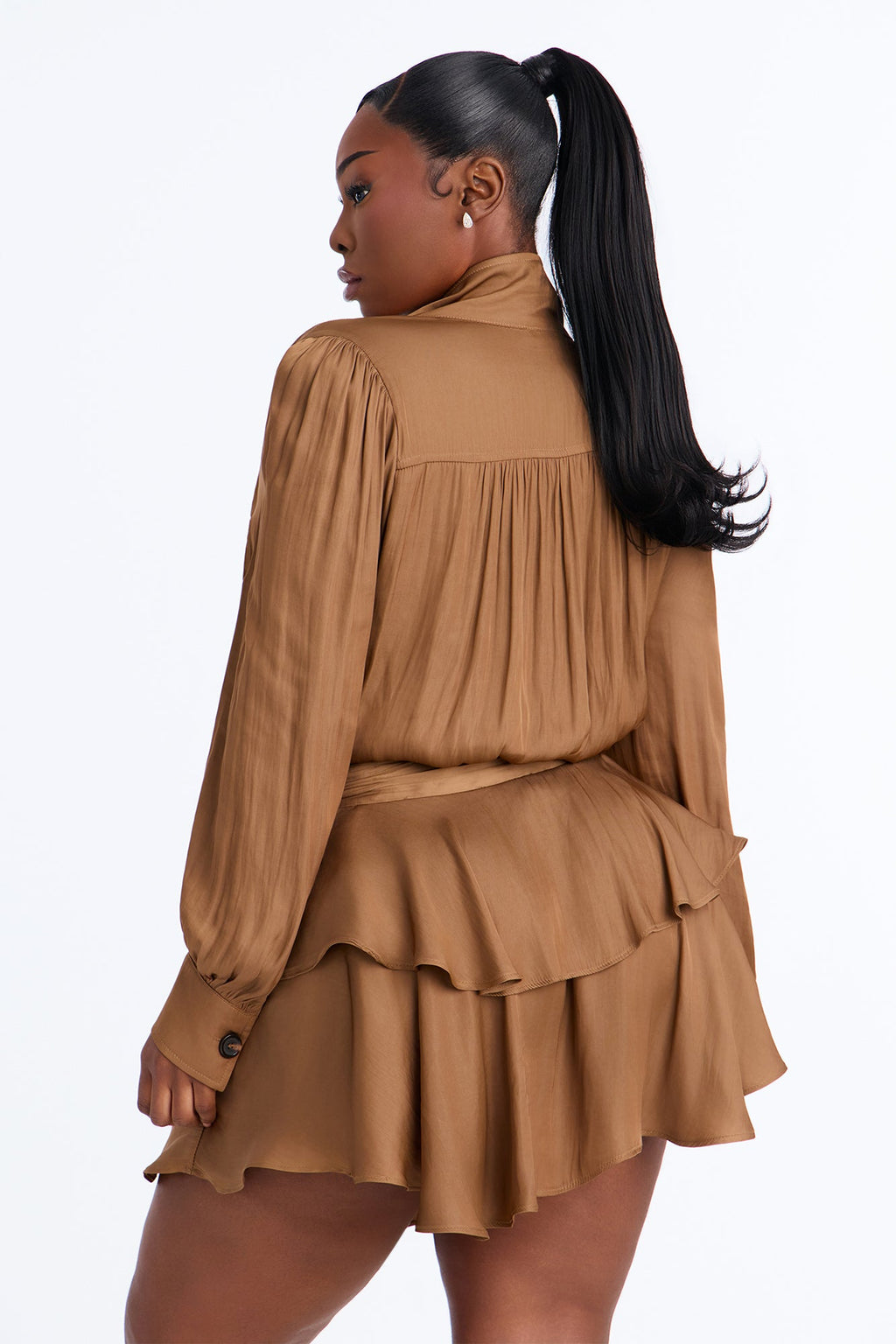 Emmy Ruffle Satin Mini Dress - Mocha