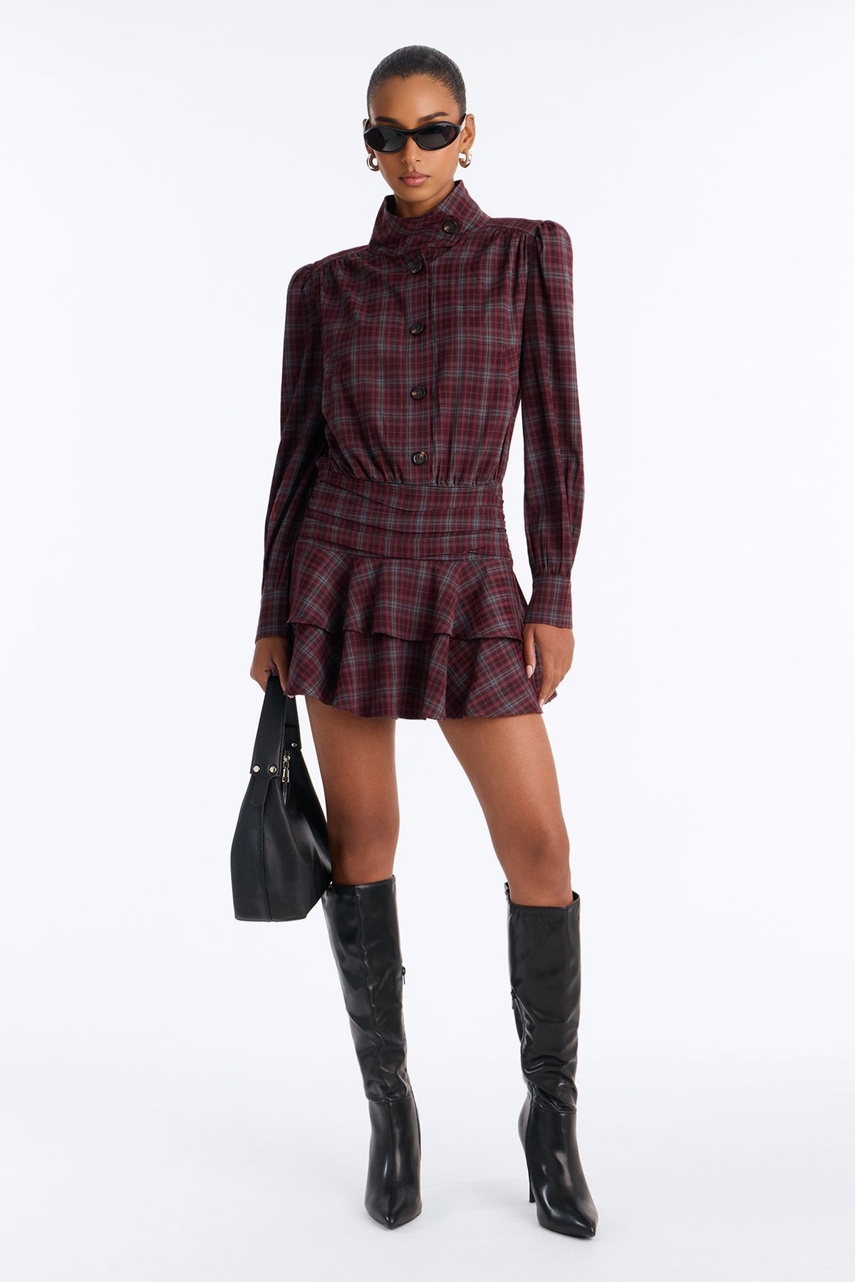 Picture This Ruffle Plaid Mini Dress - Burgundy/combo