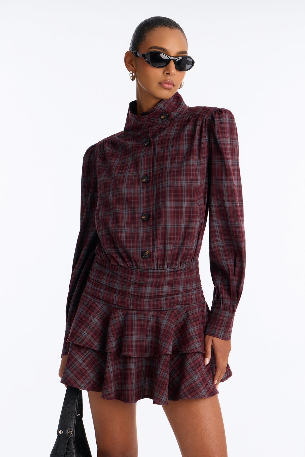 Picture This Ruffle Plaid Mini Dress - Burgundy/combo