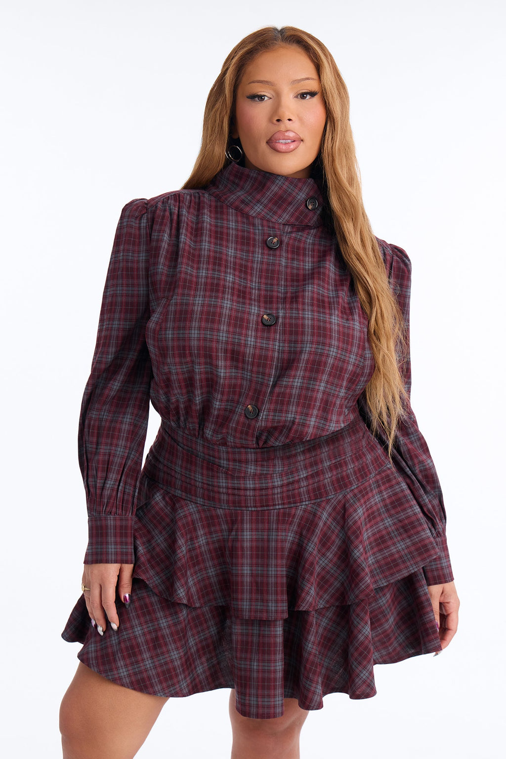 Picture This Ruffle Plaid Mini Dress - Burgundy/combo