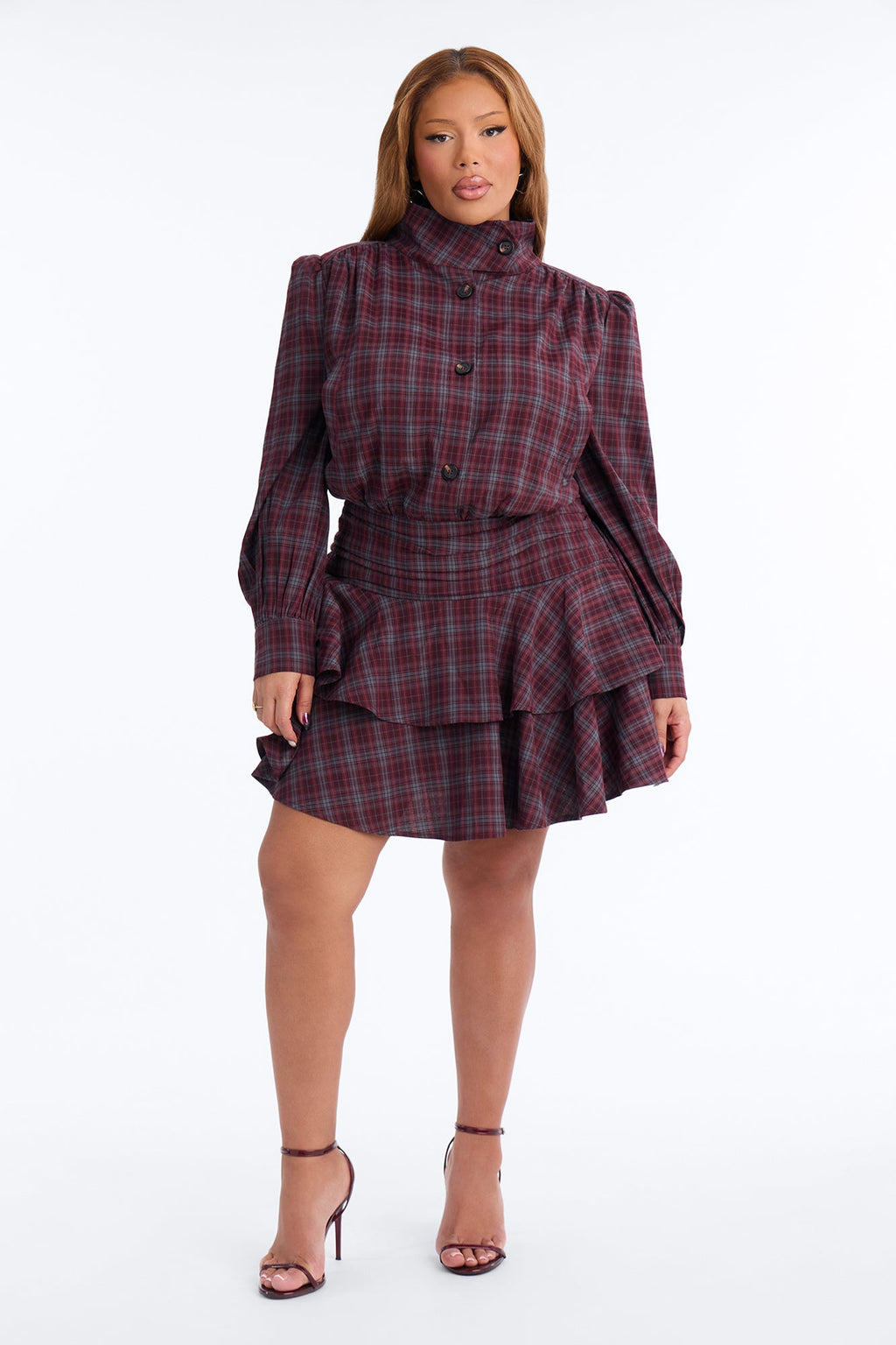 Picture This Ruffle Plaid Mini Dress - Burgundy/combo