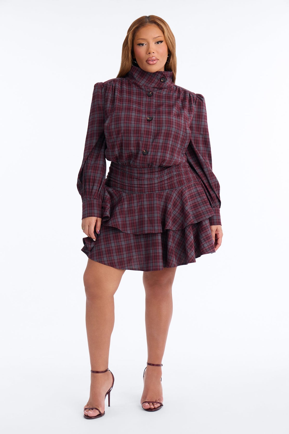 Picture This Ruffle Plaid Mini Dress - Burgundy/combo