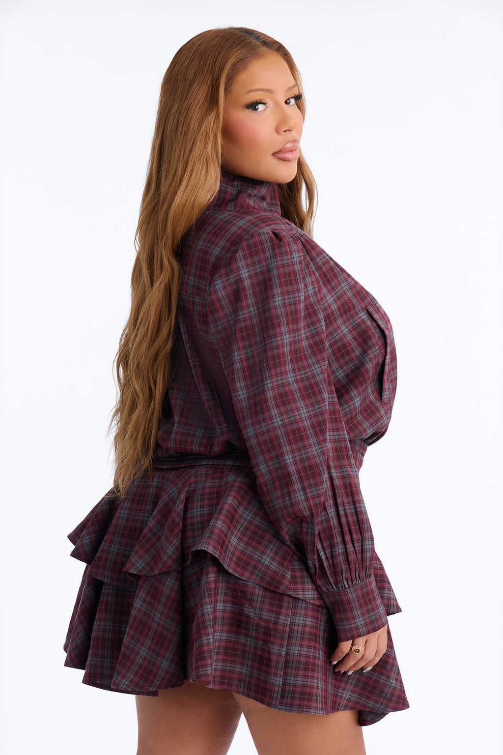 Picture This Ruffle Plaid Mini Dress - Burgundy/combo