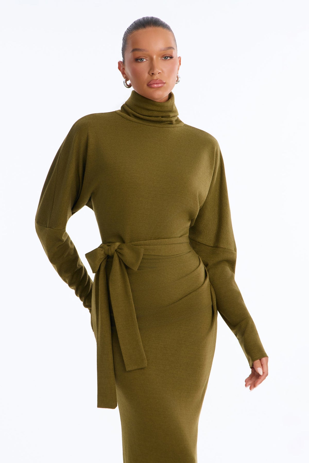 Warm Embrace Tie Waist Sweater Maxi Dress - Olive