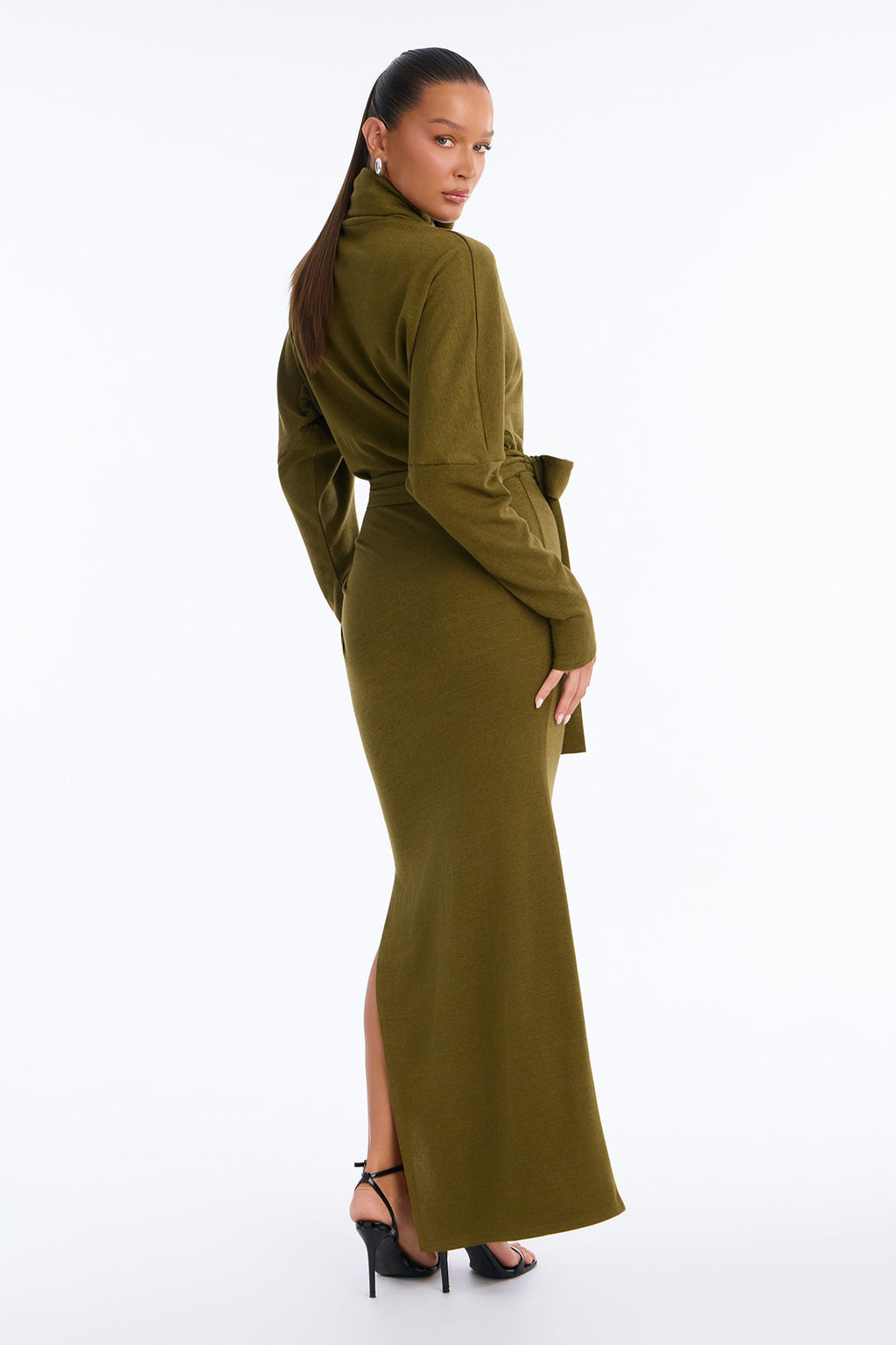 Warm Embrace Tie Waist Sweater Maxi Dress - Olive