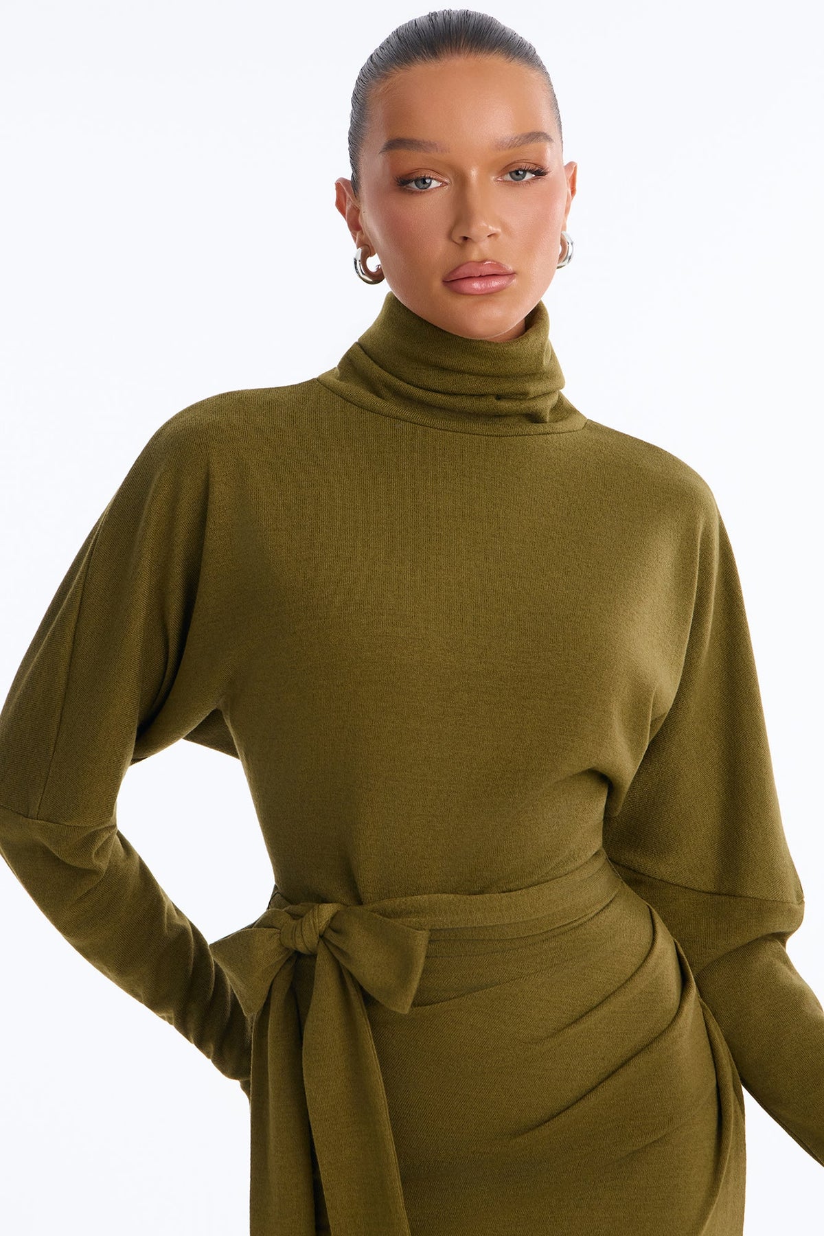 Warm Embrace Tie Waist Sweater Maxi Dress - Olive