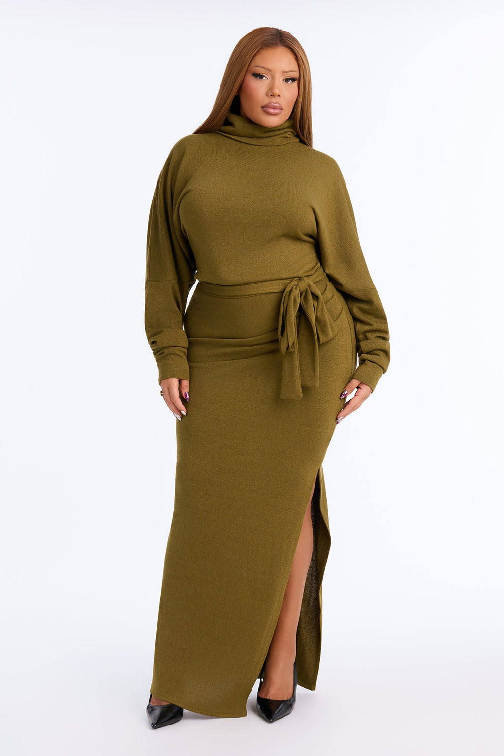 Warm Embrace Tie Waist Sweater Maxi Dress - Olive