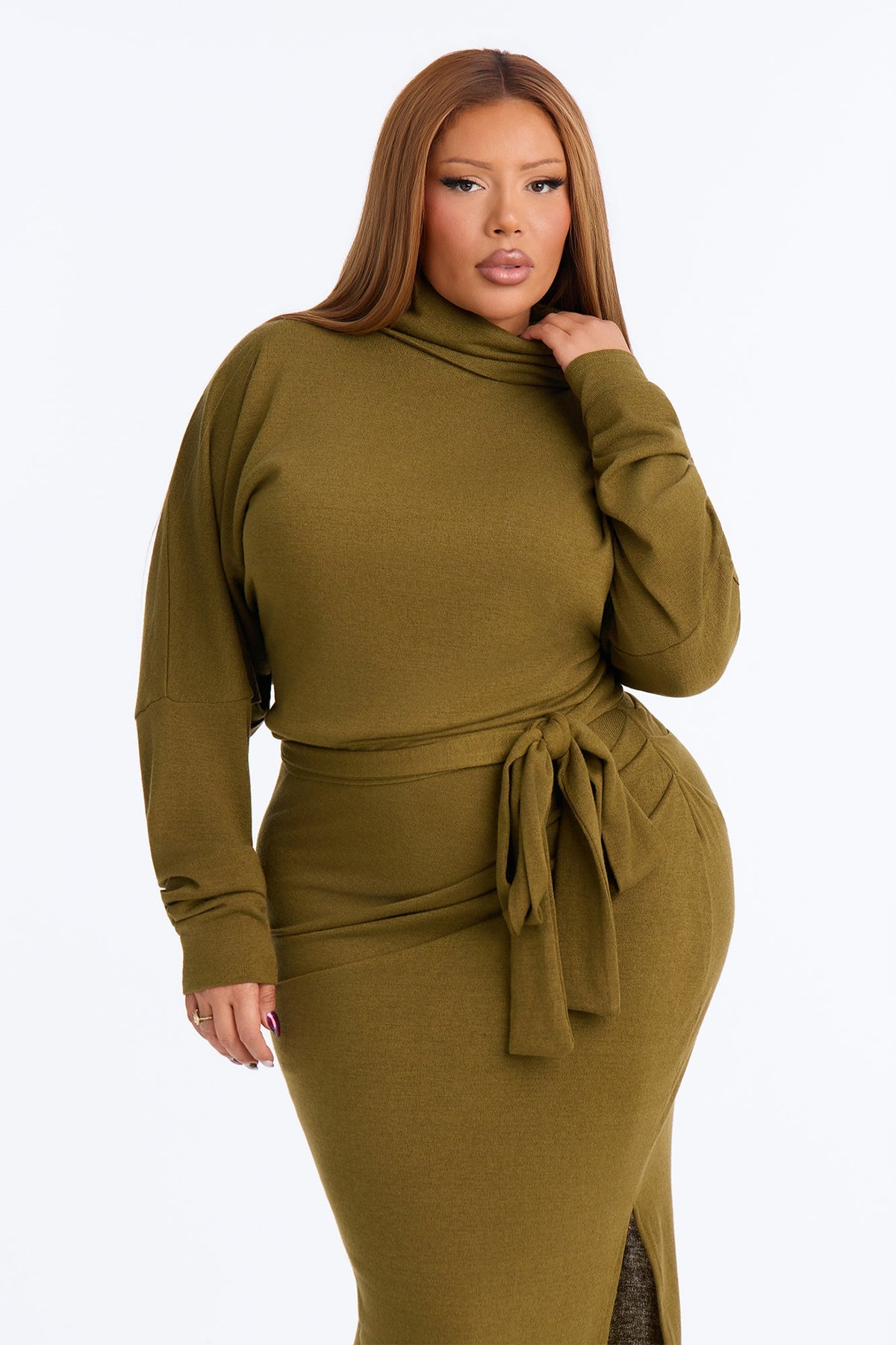 Warm Embrace Tie Waist Sweater Maxi Dress - Olive