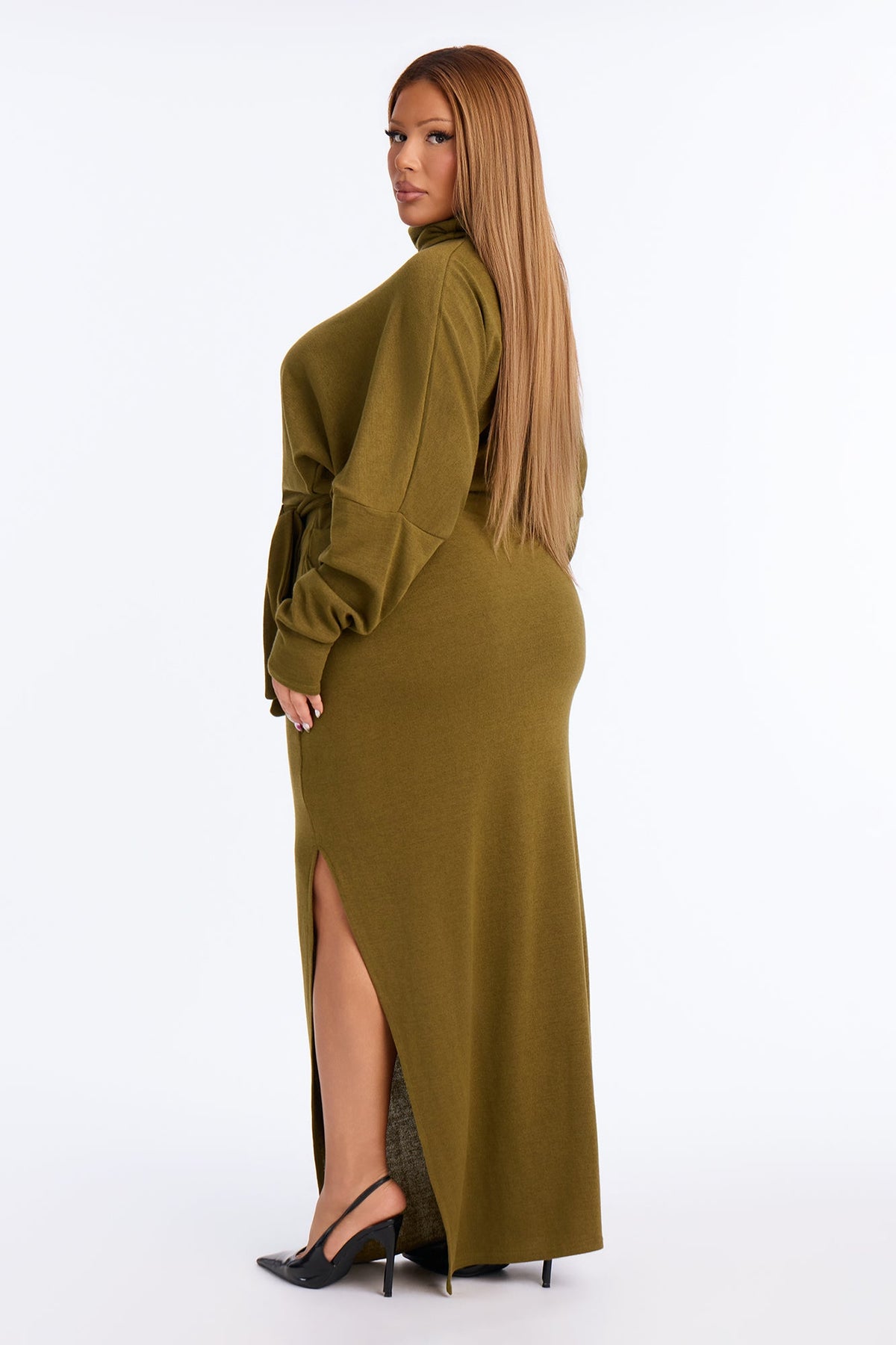 Warm Embrace Tie Waist Sweater Maxi Dress - Olive