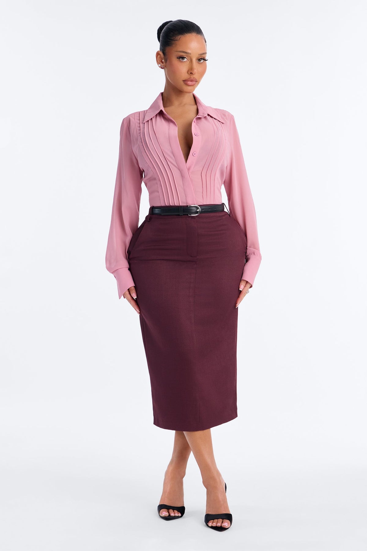 Sophisticated Lady 2 Piece Belted Midi Dress - Mauve/combo