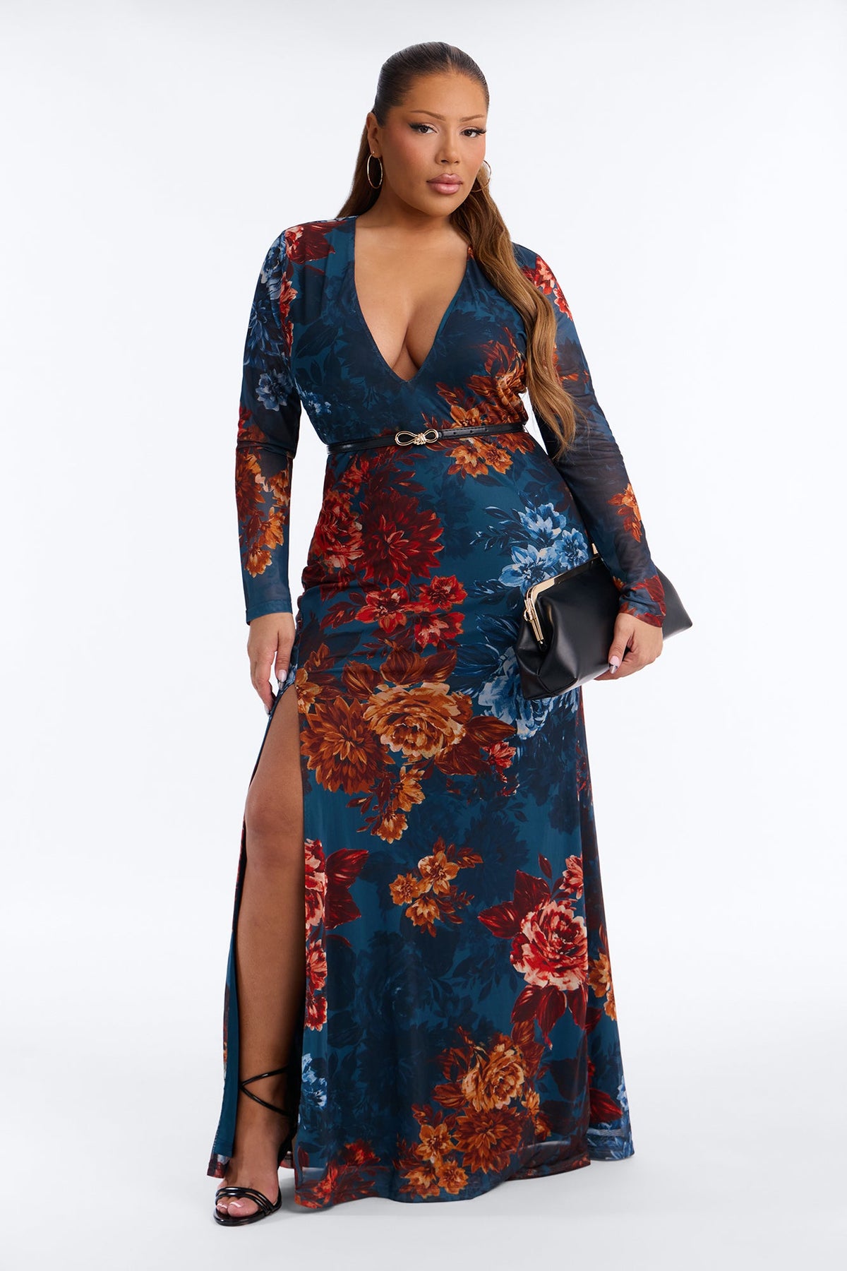 True Classic Belted Mesh Maxi Dress - Teal/combo