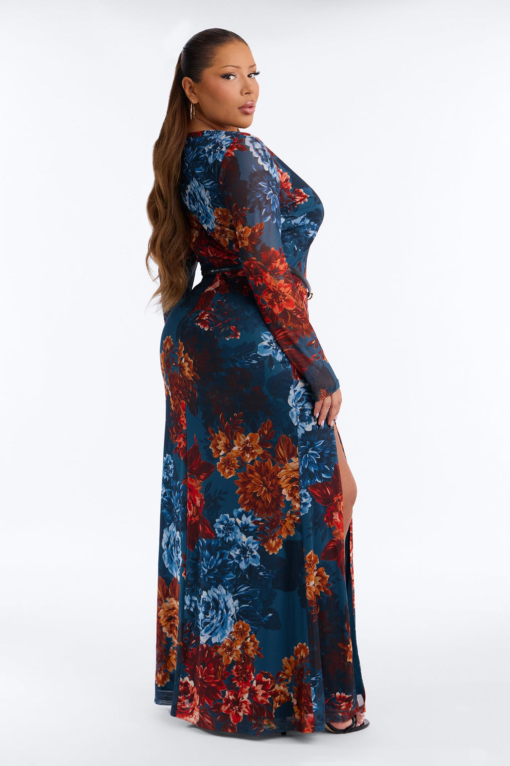 True Classic Belted Mesh Maxi Dress - Teal/combo