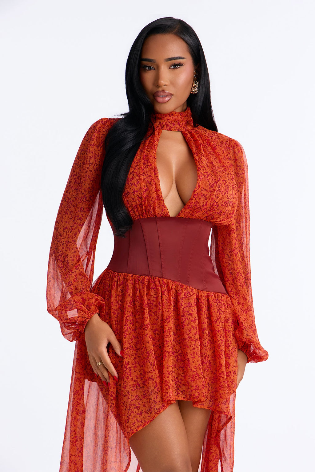 All In Your Mind Chiffon High Low Maxi Dress - Rust/combo