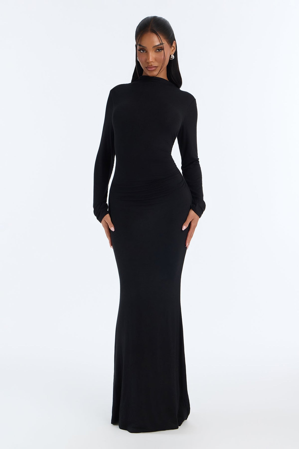 Jasmin Ruched Long Sleeve Maxi Dress - Black