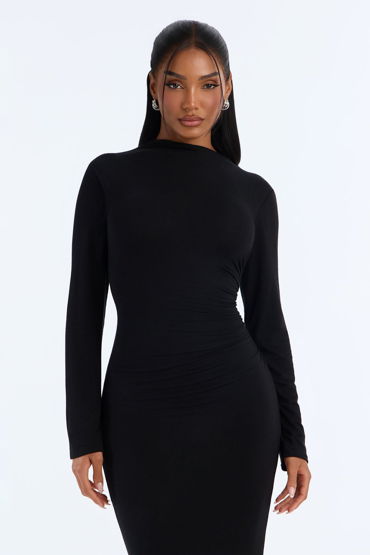 Jasmin Ruched Long Sleeve Maxi Dress - Black