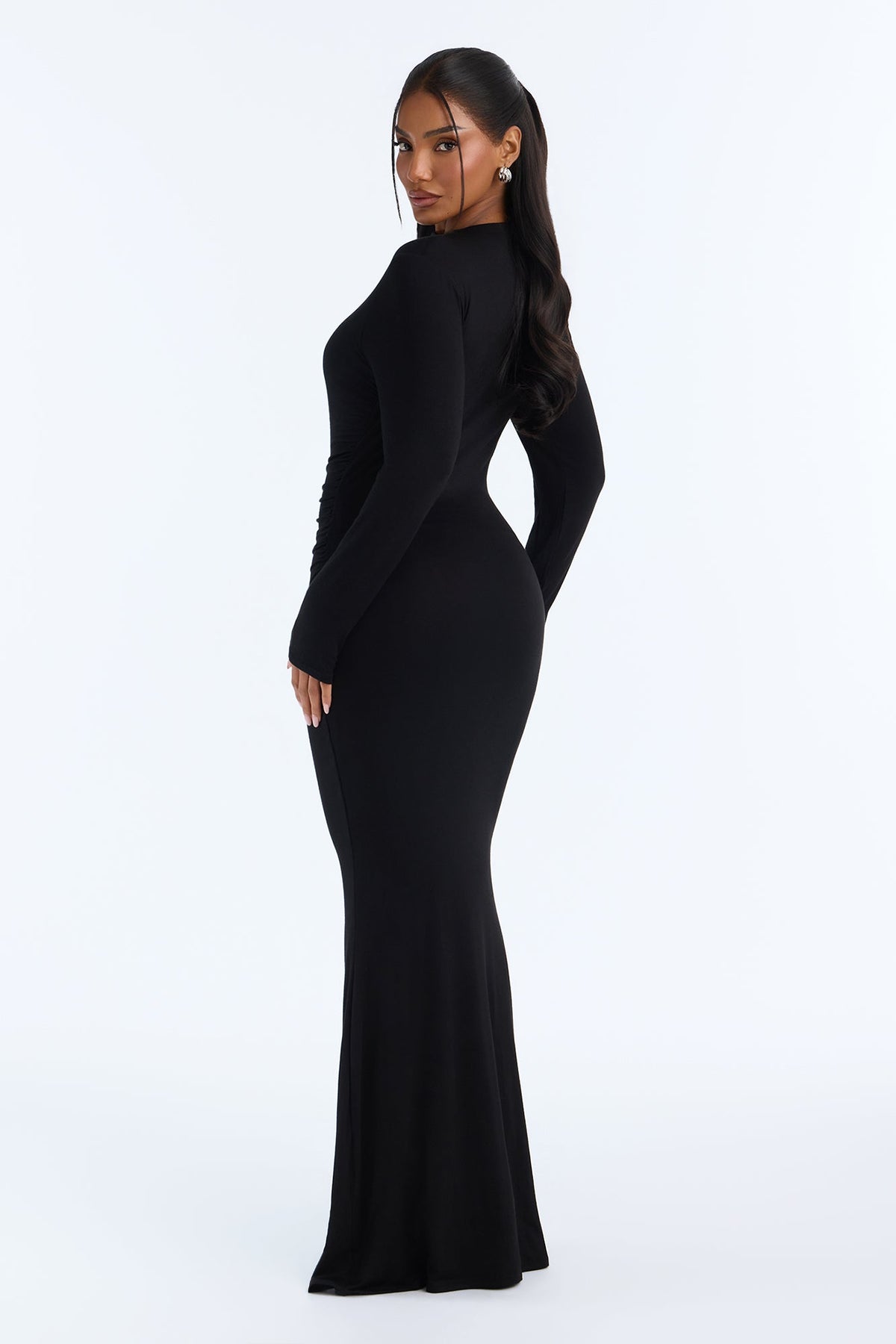 Jasmin Ruched Long Sleeve Maxi Dress - Black