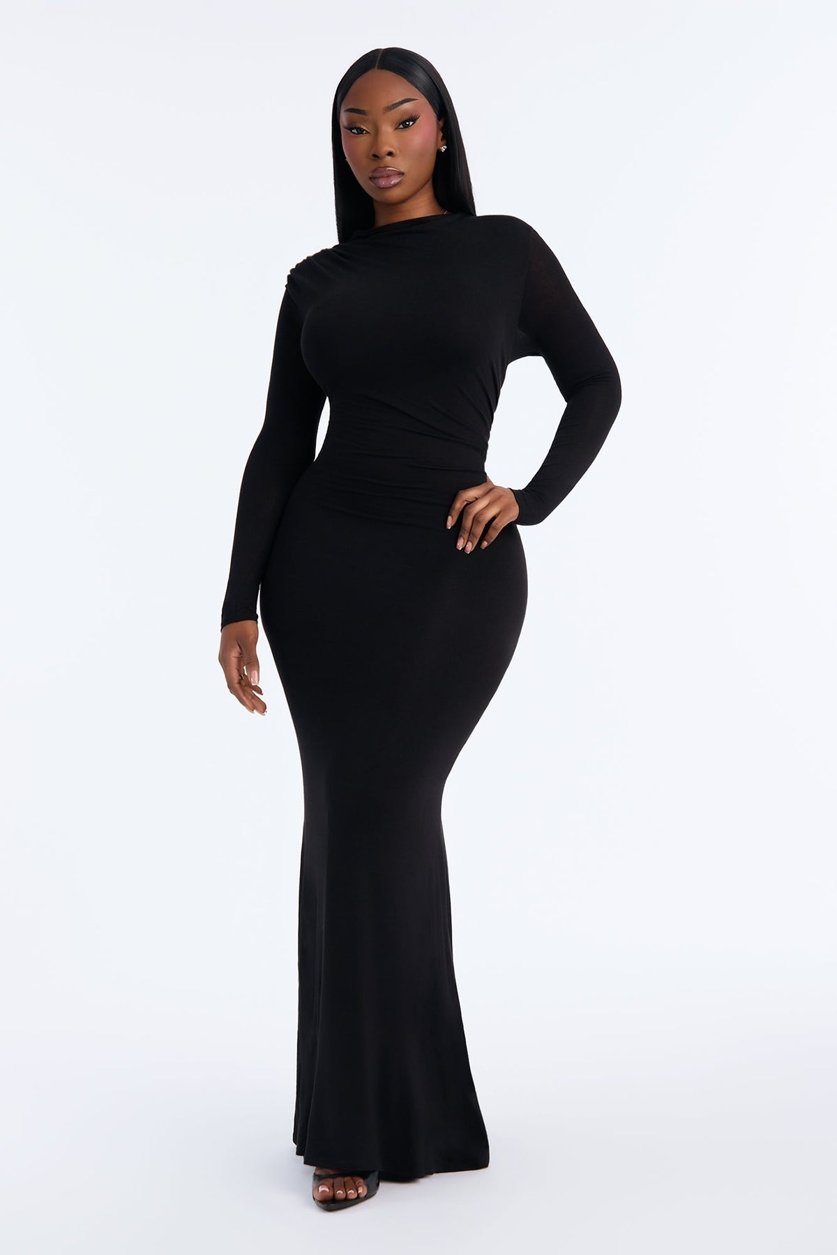 Jasmin Ruched Long Sleeve Maxi Dress - Black