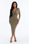 Carmen Choker Long Sleeve Midi Dress - Olive