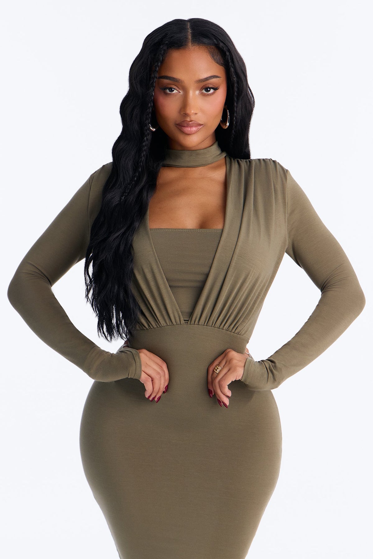 Carmen Choker Long Sleeve Midi Dress - Olive
