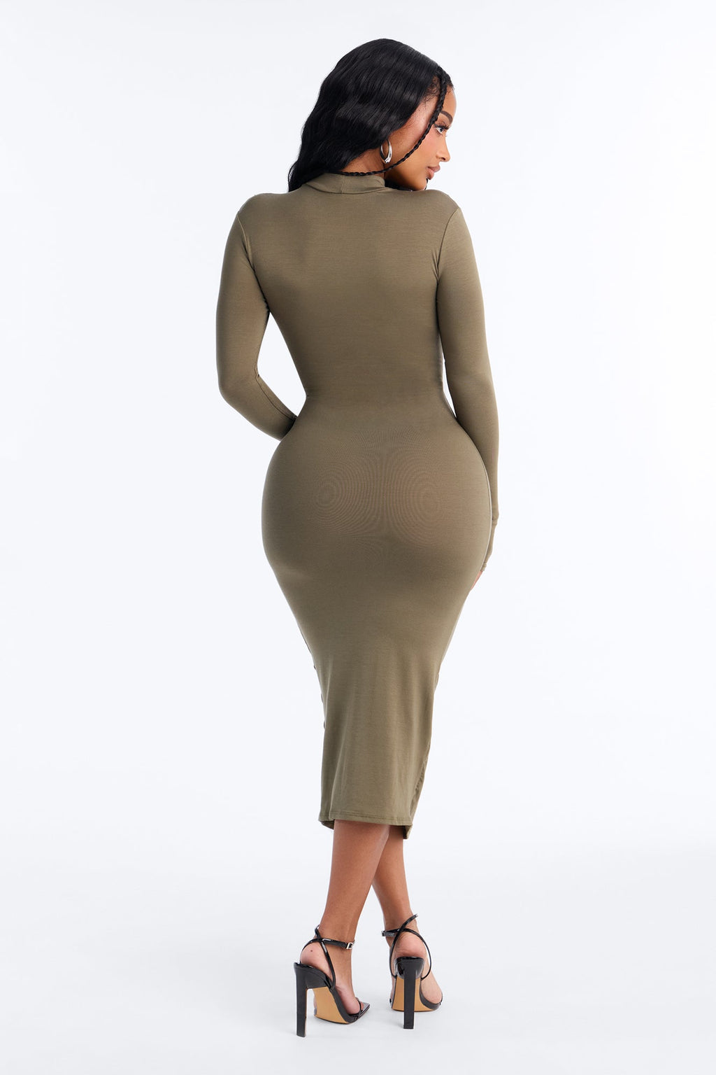 Carmen Choker Long Sleeve Midi Dress - Olive