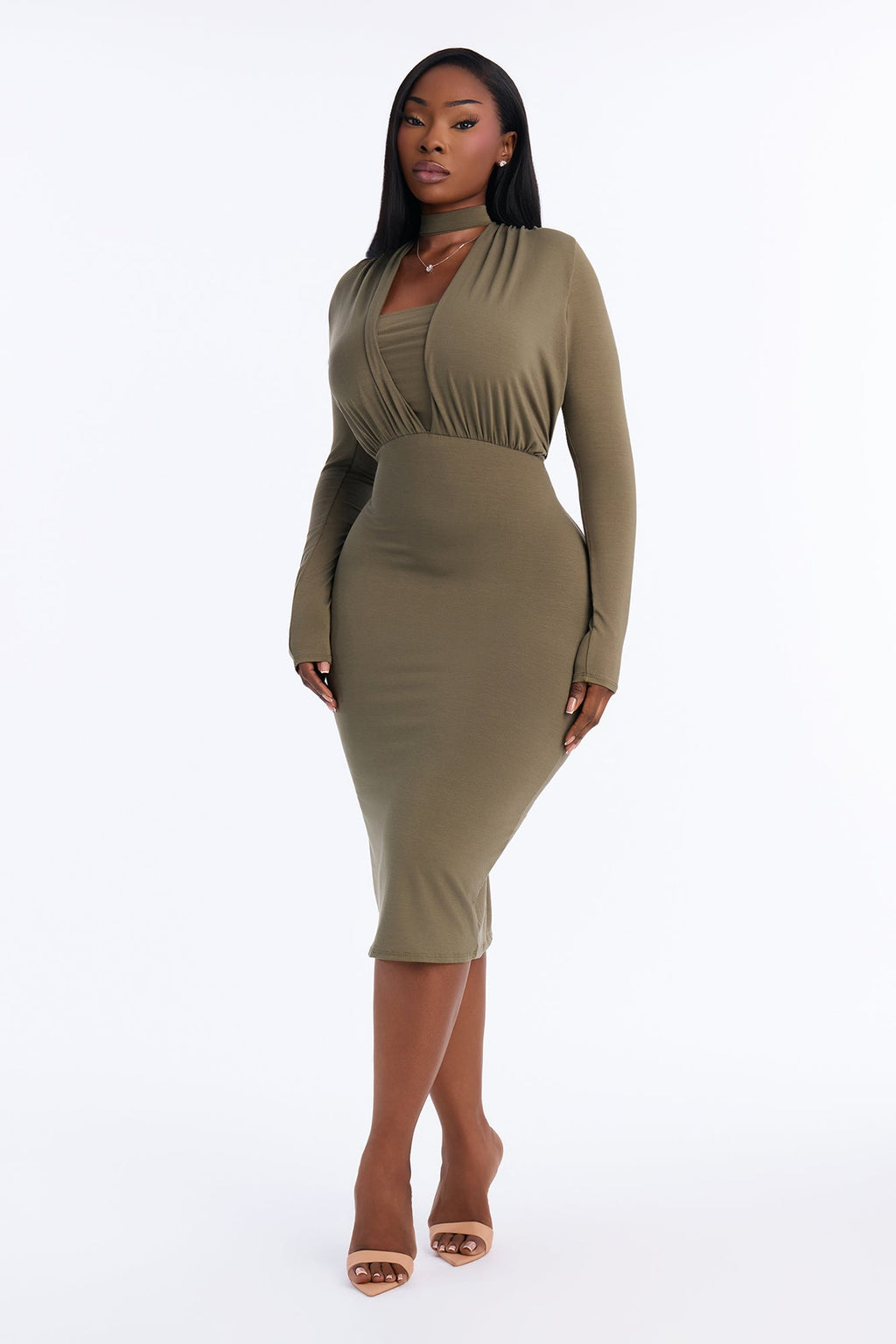 Carmen Choker Long Sleeve Midi Dress - Olive