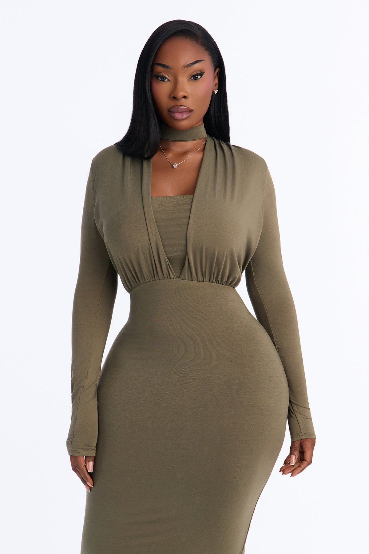 Carmen Choker Long Sleeve Midi Dress - Olive