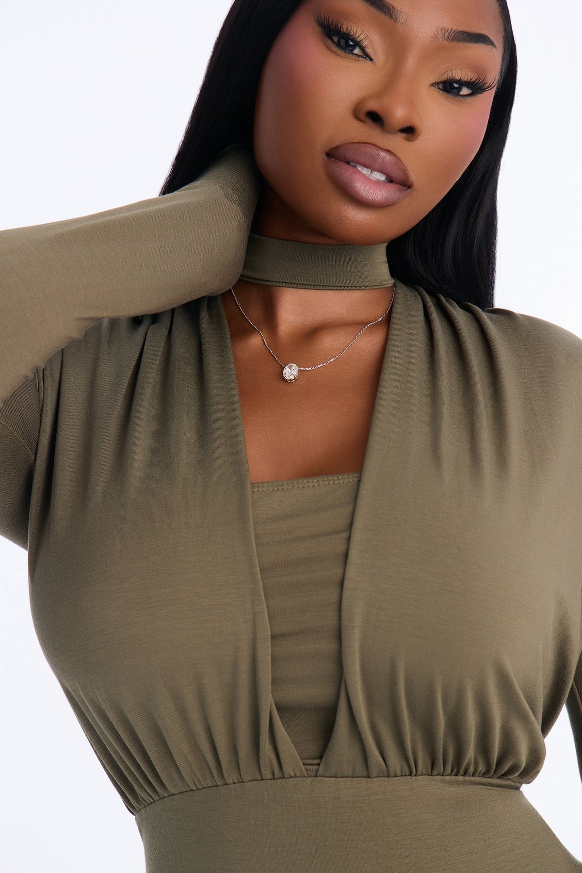 Carmen Choker Long Sleeve Midi Dress - Olive