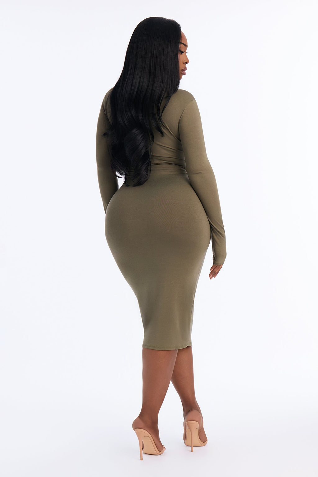 Carmen Choker Long Sleeve Midi Dress - Olive