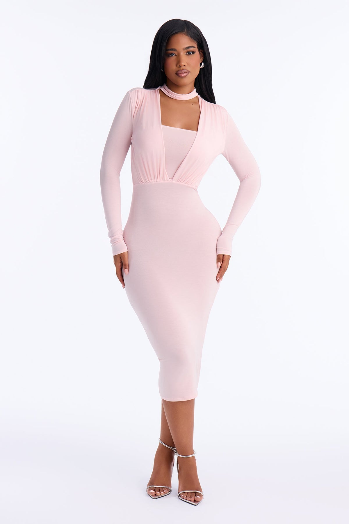 Carmen Choker Long Sleeve Midi Dress - Pink