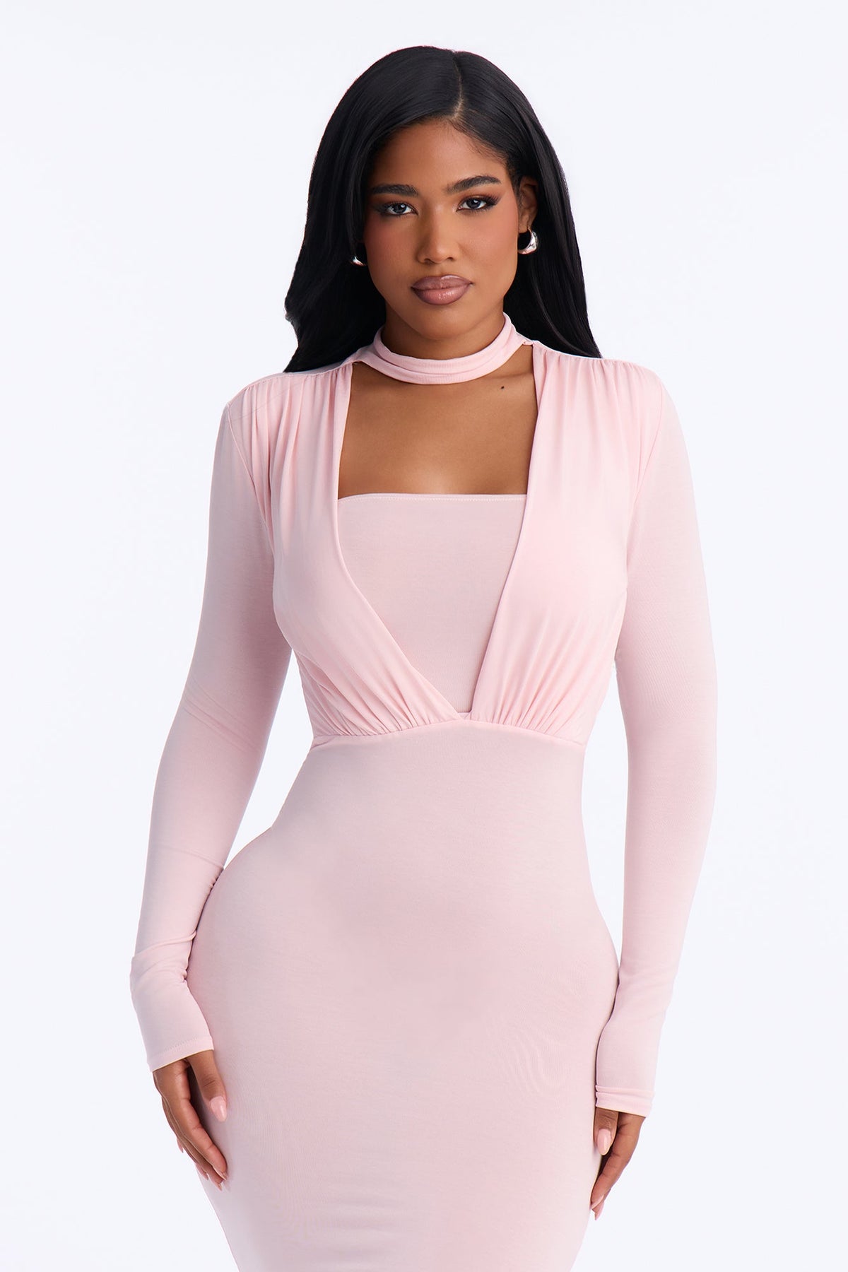 Carmen Choker Long Sleeve Midi Dress - Pink