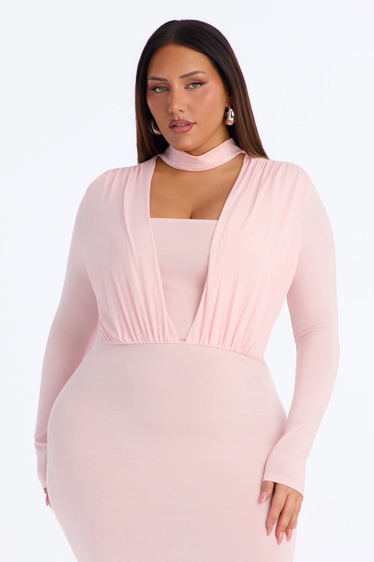 Carmen Choker Long Sleeve Midi Dress - Pink