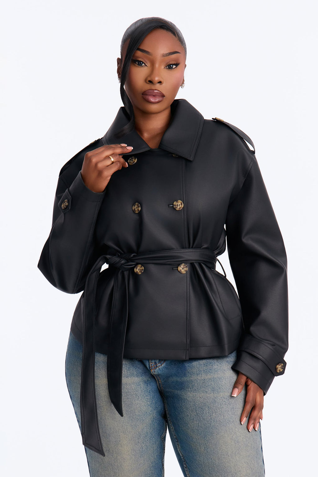 Inessa Faux Leather Trench Jacket - Black