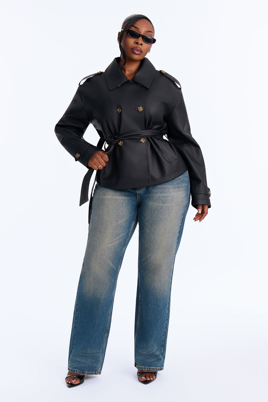 Inessa Faux Leather Trench Jacket - Black