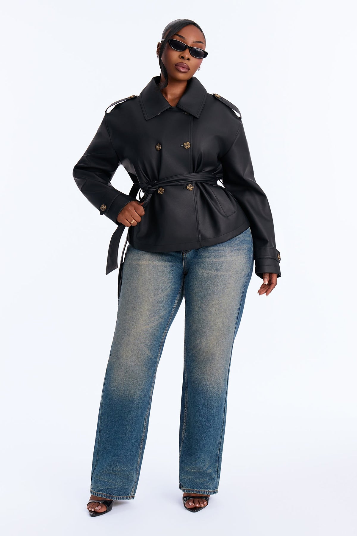 Inessa Faux Leather Trench Jacket - Black
