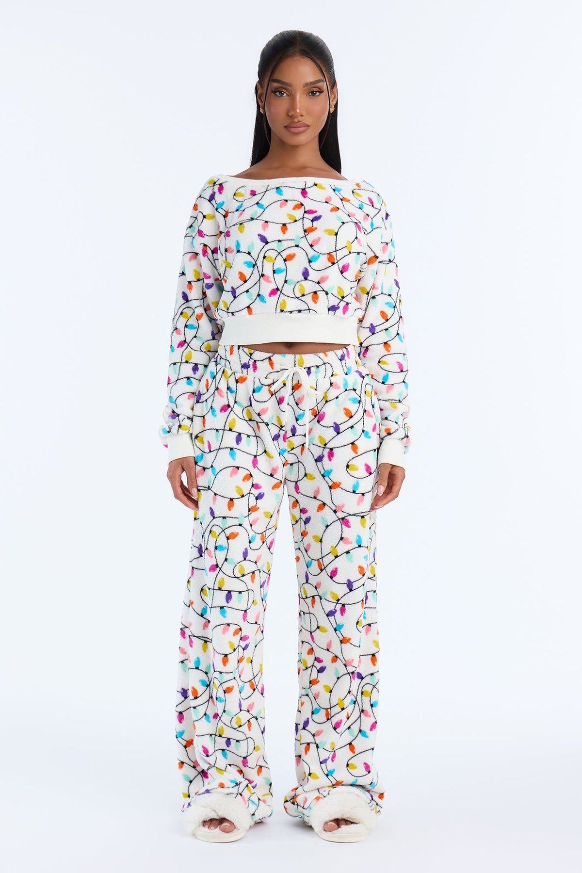 Shining Christmas Lights Plush PJ Pant Set - White