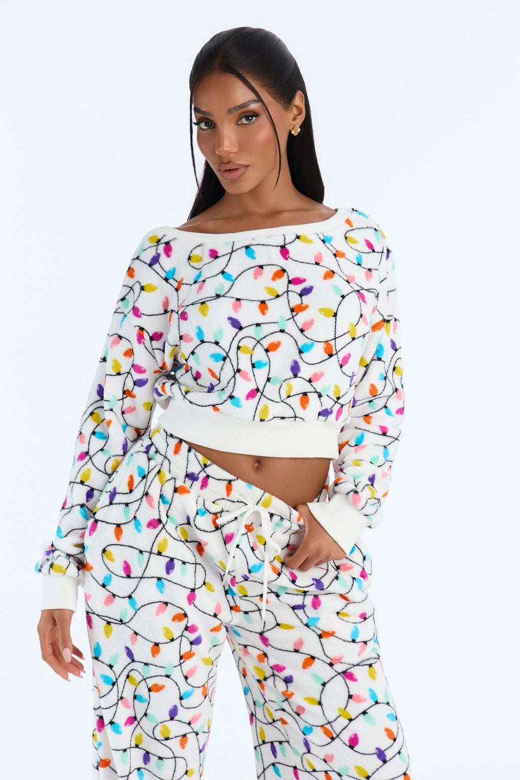 Shining Christmas Lights Plush PJ Pant Set - White
