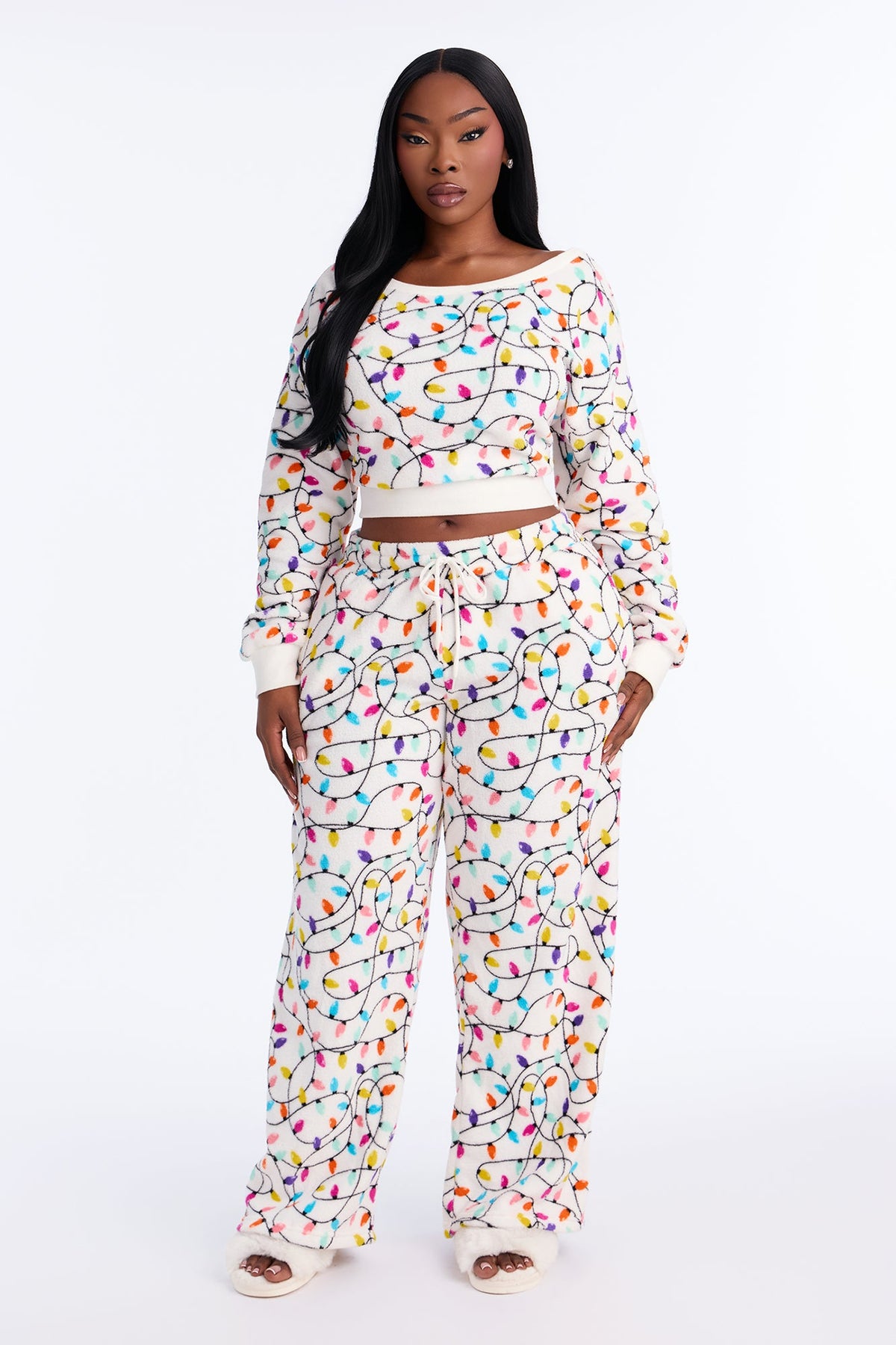 Shining Christmas Lights Plush PJ Pant Set - White