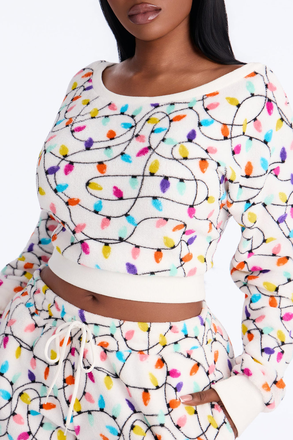 Shining Christmas Lights Plush PJ Pant Set - White