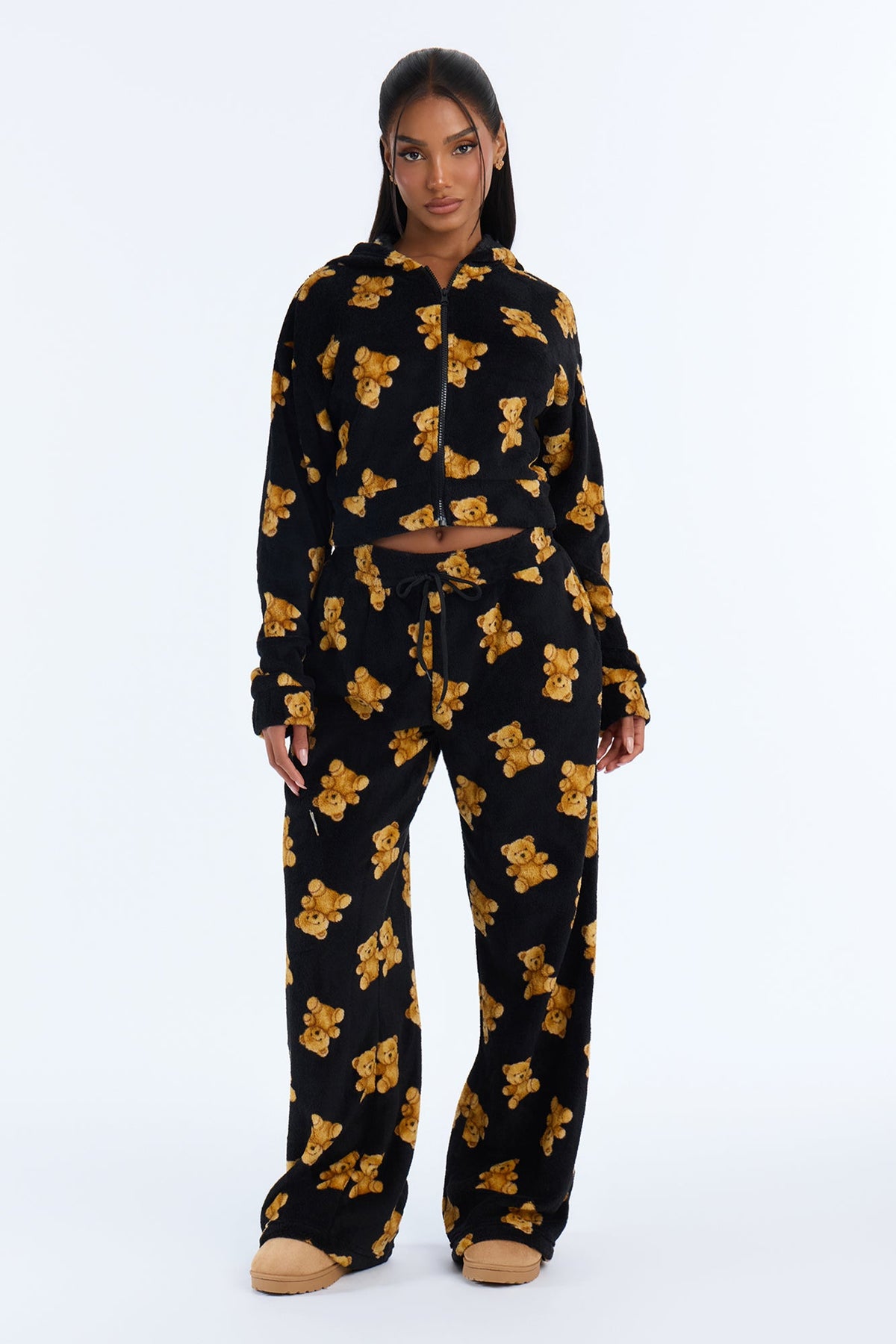 Beary Tired 2 Piece Hoodie And Wide Leg PJ Pant Set - Black