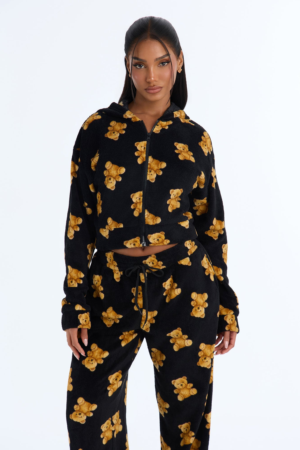 Beary Tired 2 Piece Hoodie And Wide Leg PJ Pant Set - Black