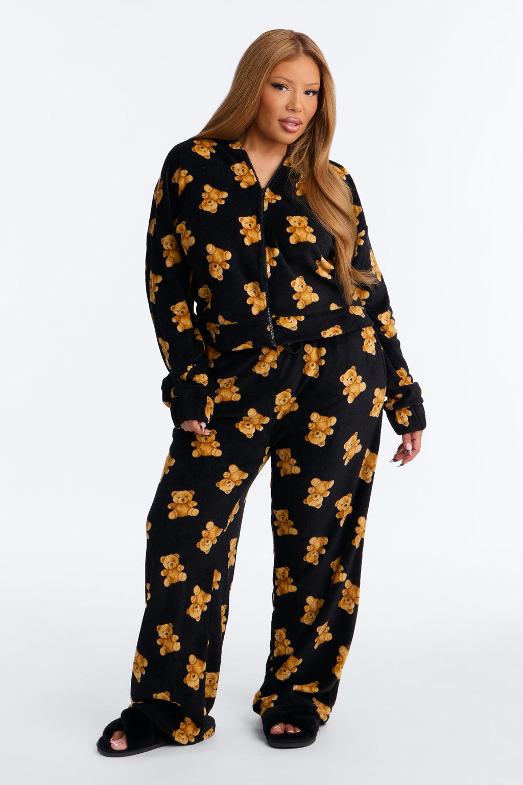 Beary Tired 2 Piece Hoodie And Wide Leg PJ Pant Set - Black