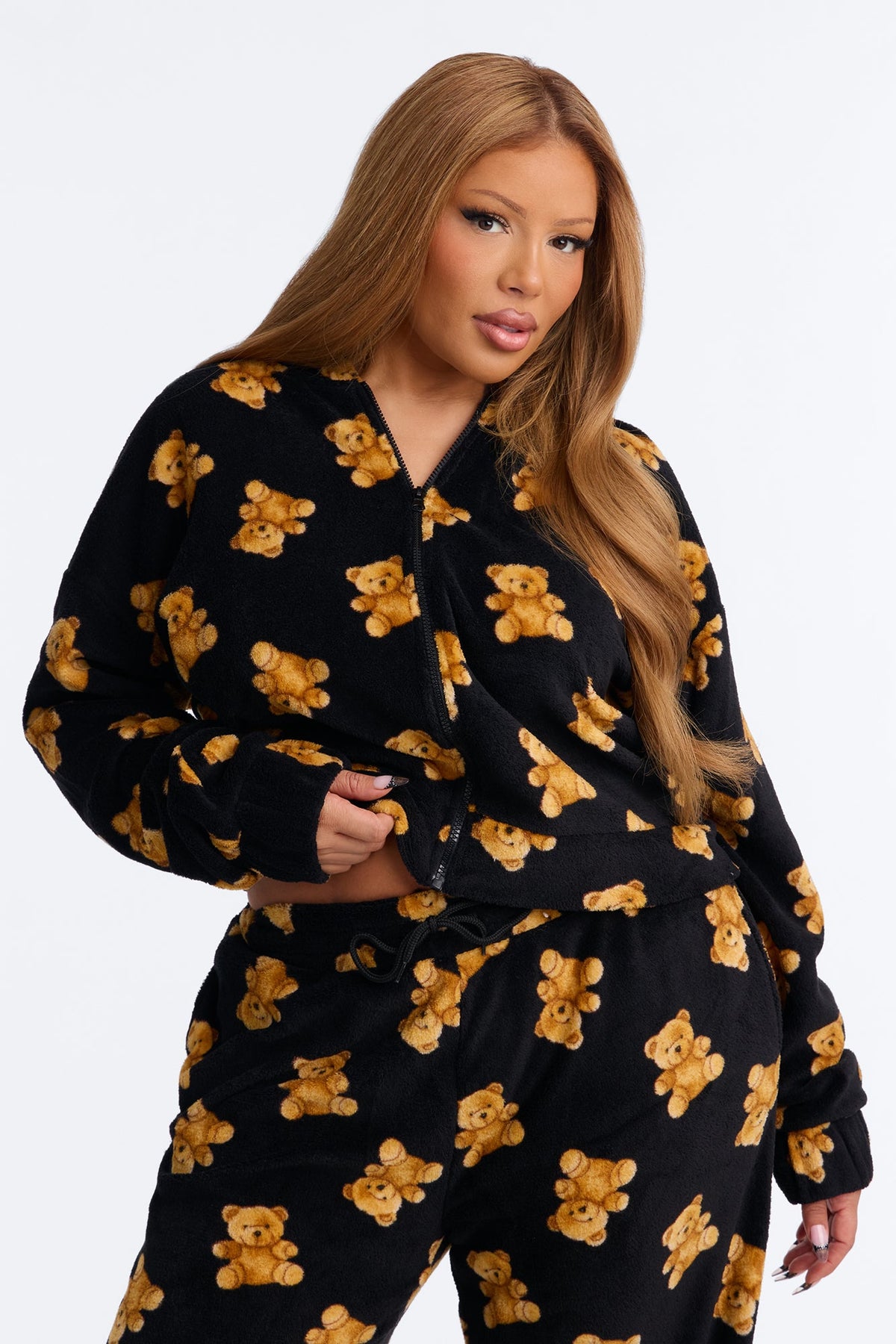 Beary Tired 2 Piece Hoodie And Wide Leg PJ Pant Set - Black