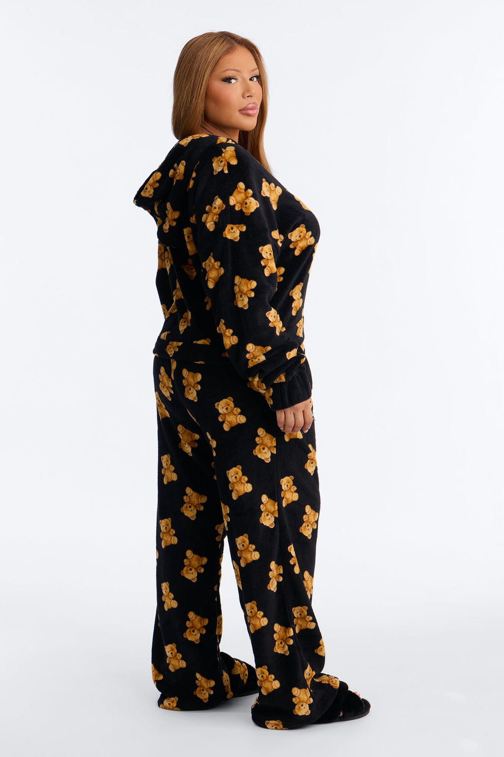 Beary Tired 2 Piece Hoodie And Wide Leg PJ Pant Set - Black