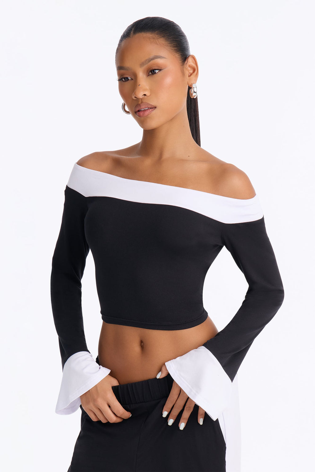 Lacey Off Shoulder Pant Set - Black/White
