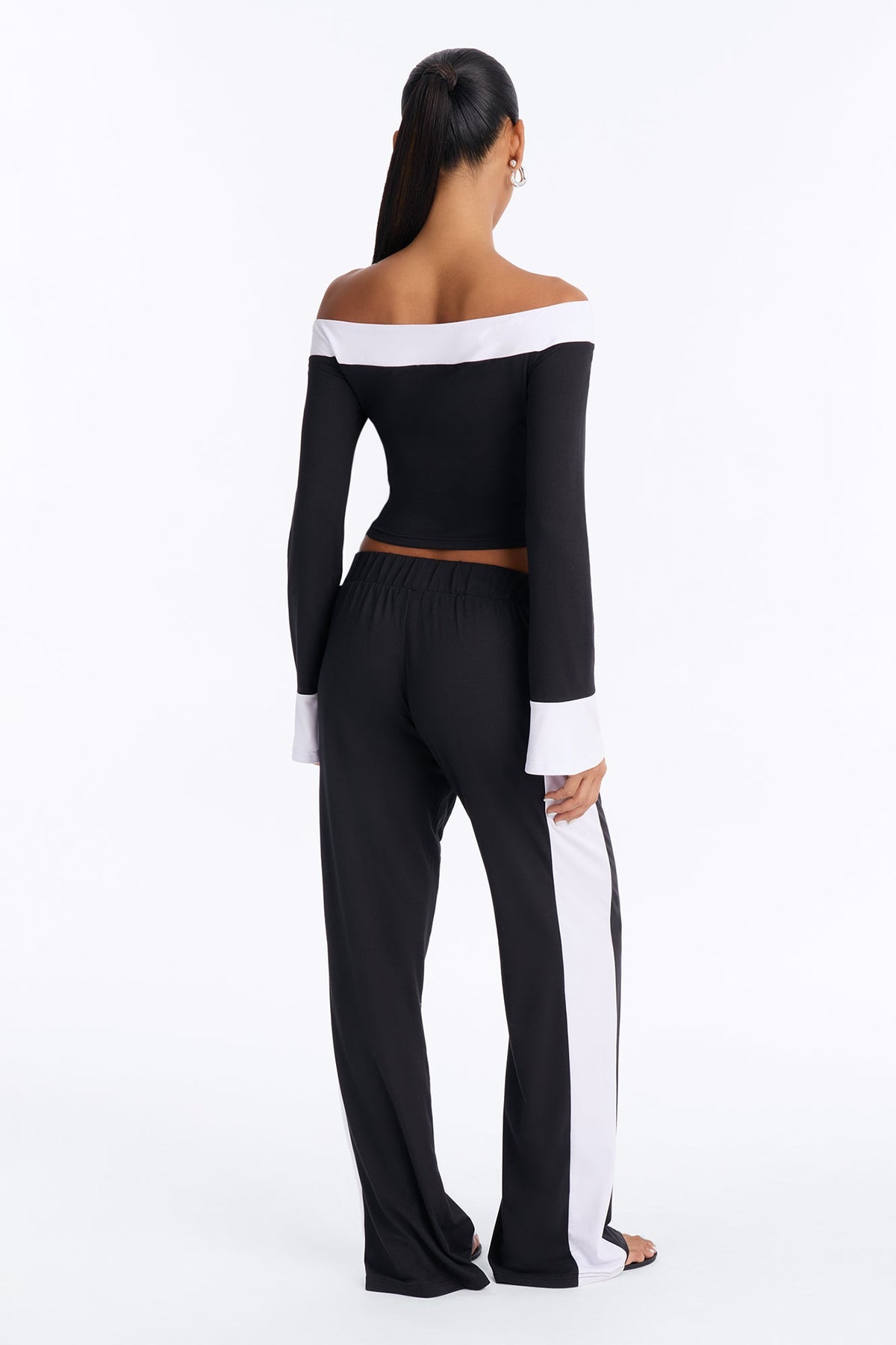 Lacey Off Shoulder Pant Set - Black/White