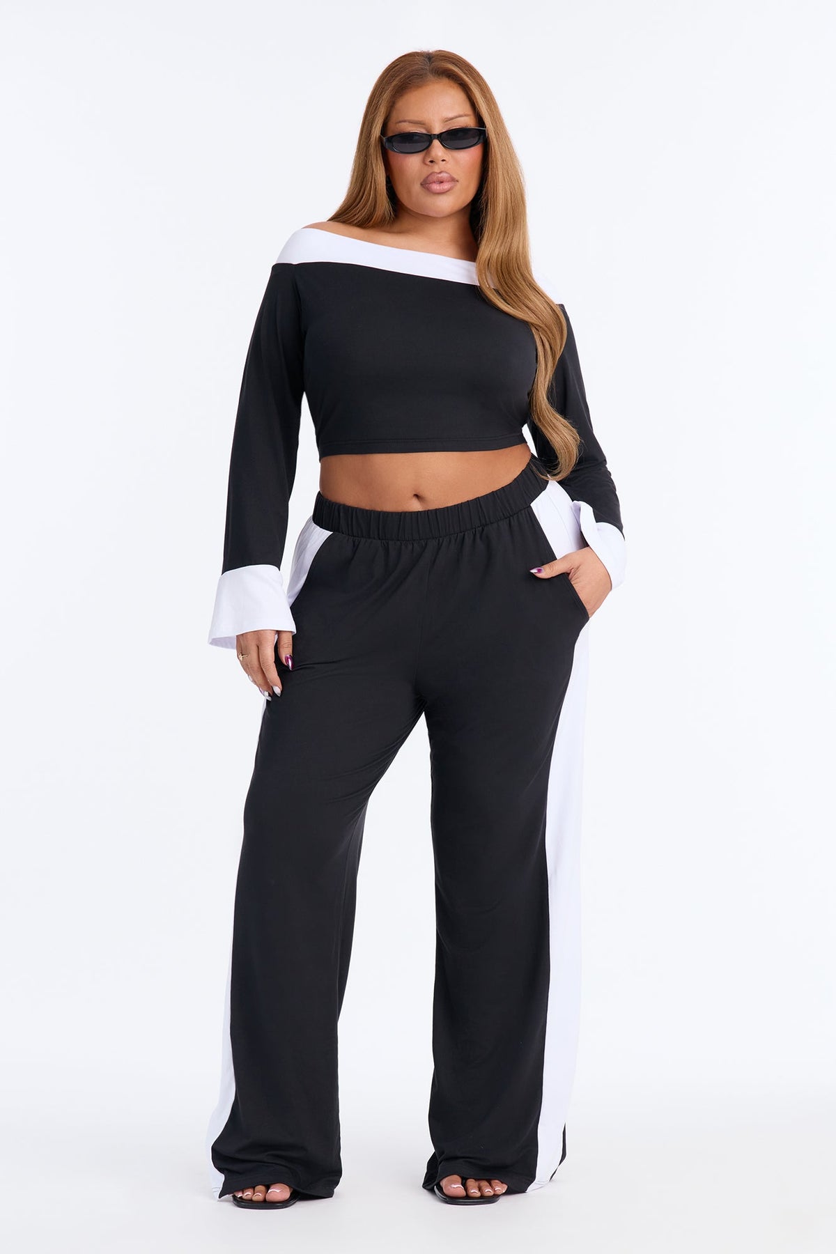 Lacey Off Shoulder Pant Set - Black/White